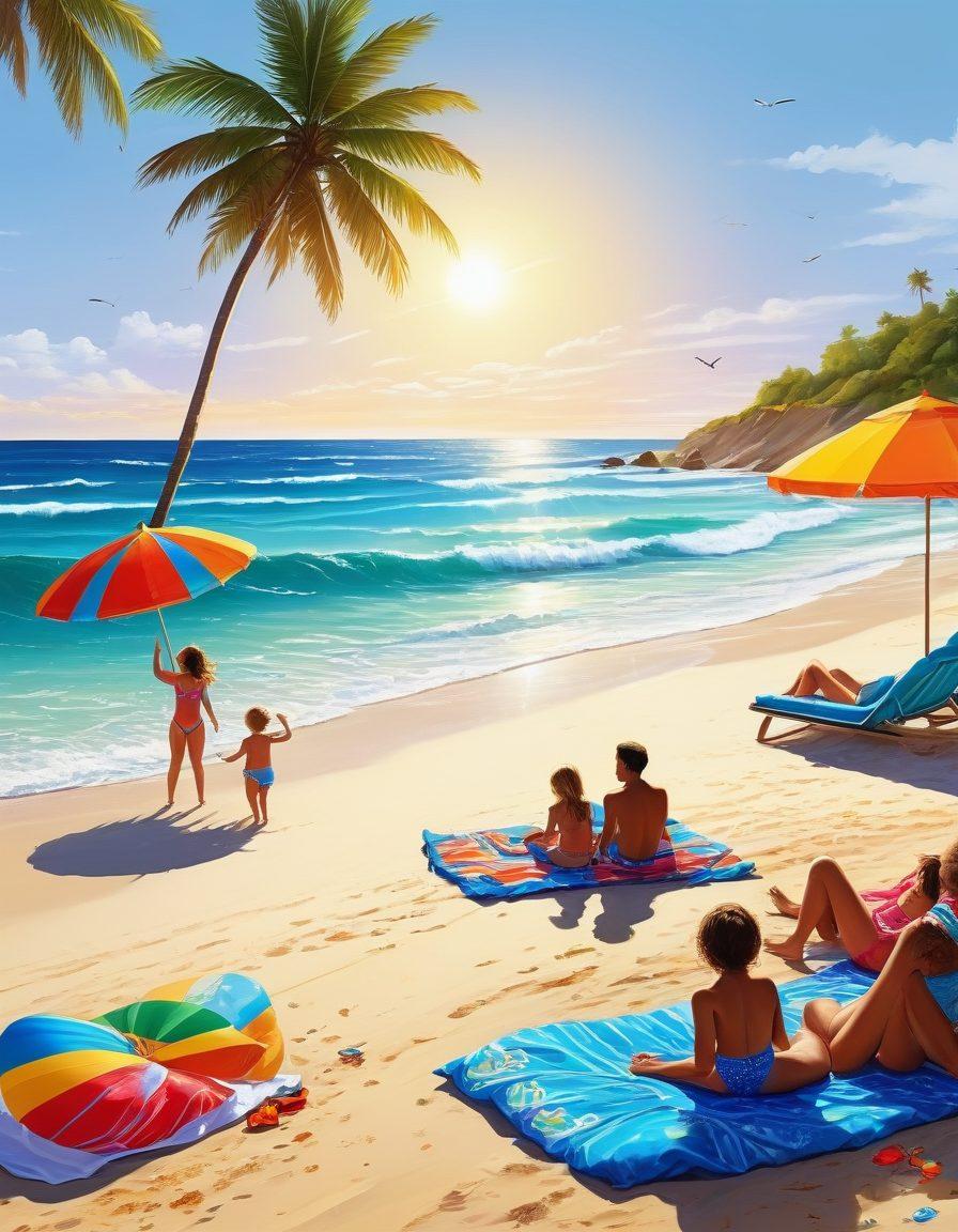 A sunny beach scene featuring a happy family preparing for a fun day by the water. Parents are organizing colorful swimwear and floats while children excitedly dig in the sand. Include beach umbrellas, towels, and a bright blue ocean in the background, capturing the essence of adventure and family bonding. Illustrate in vibrant colors and a lively, cheerful style.