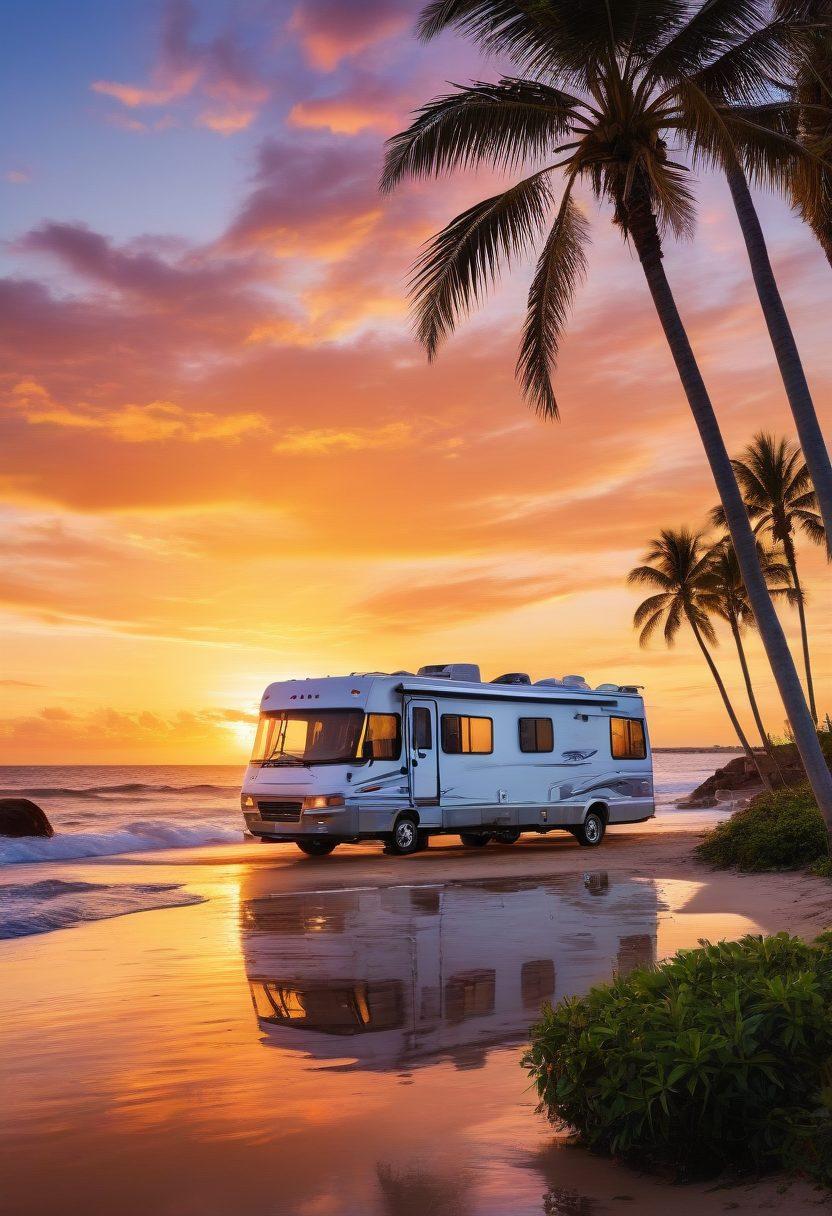 A picturesque coastal scene featuring a well-equipped RV parked along a scenic beach with ocean waves crashing nearby. Show various outdoor gear like kayaks, fishing rods, and camping chairs neatly arranged around the RV, with a stunning sunset in the background. Include palm trees gently swaying and a happy family enjoying their time. vibrant colors. super-realistic.