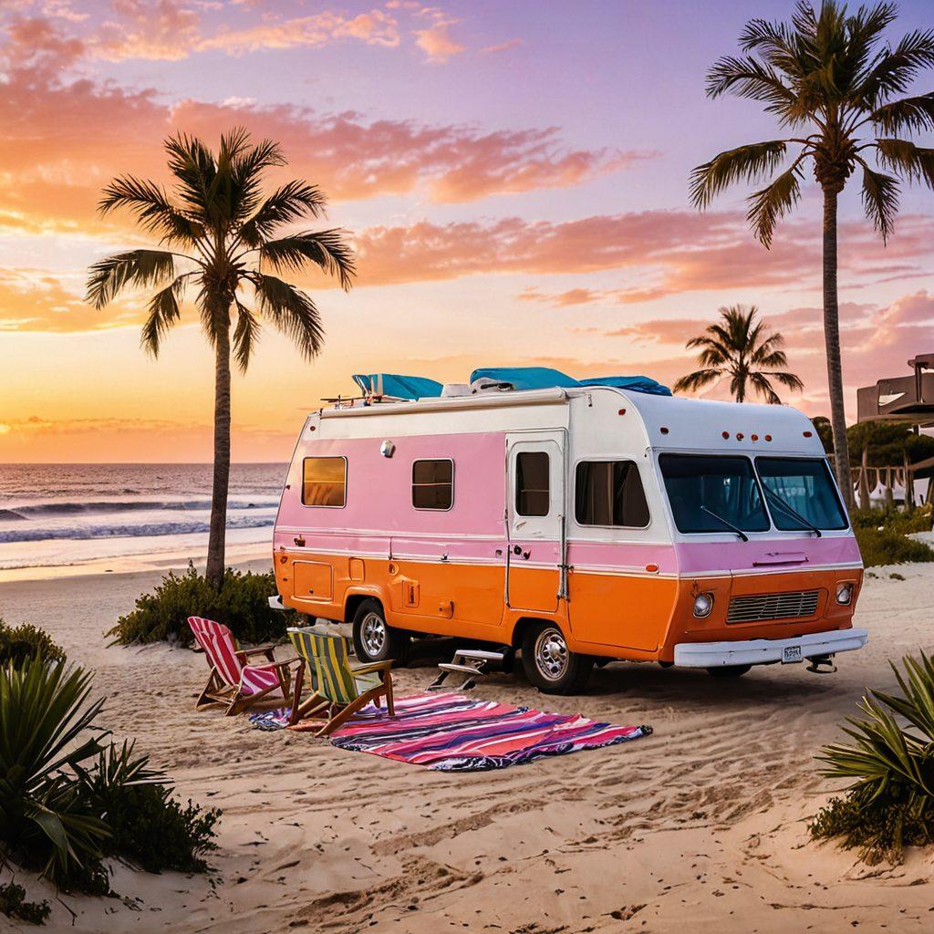 A vibrant scene capturing a stylish RV parked on a sandy beach, with colorful beachwear laid out nearby. Include a stunning sunset in the background, with palm trees swaying in the breeze and people enjoying beach activities. Incorporate whimsical elements like surfboards and beach towels, showcasing the joy of adventure. The overall mood should be cheerful and summery. super-realistic. vibrant colors. 3D.